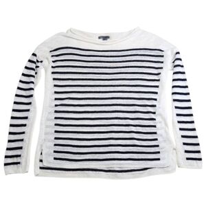 VINCE Intarsia Striped Linen Sweater Pullover in White/Dark Navy Size Large